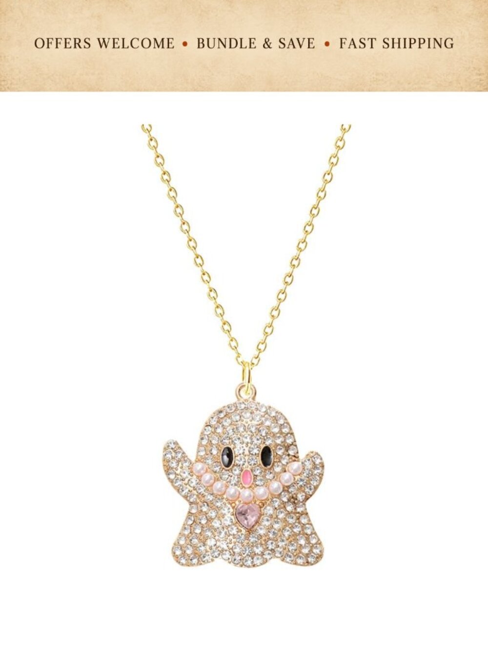 Crystal Ghost Necklace Gothic Halloween Jewelry Gold Alloy Chain